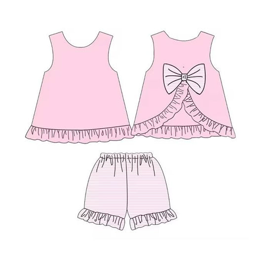 preorder GSSO2397 Baby Girls Pink Sleeveless Bows Tunic Stripe Ruffle Short Set  D 3.11