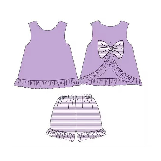 preorder GSSO2398  Baby Girls Lavender Sleeveless Bows Tunic Stripe Ruffle Short Set  D 3.11