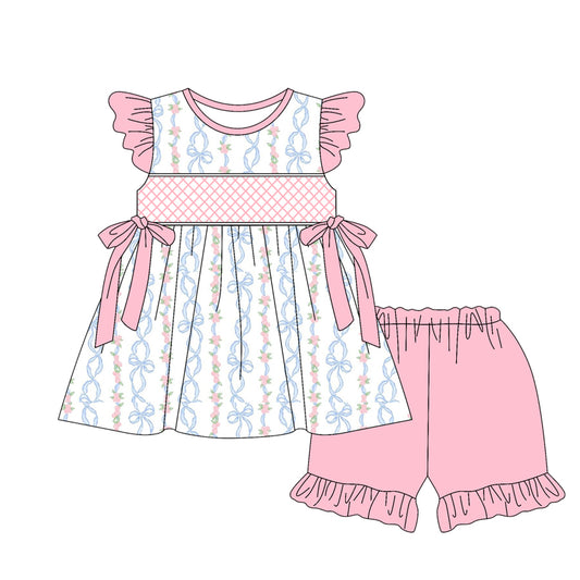 preorder GSSO2399 Baby Girls Pink Flutter Sleeves Floral Stripe Bows Tunic Ruffle Short Set  D 3.11