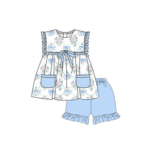 preorder GSSO2401 Baby Girls Blue Sleeveless Bows Floral Pockets Tunic Ruffle Short Set  D 3.11