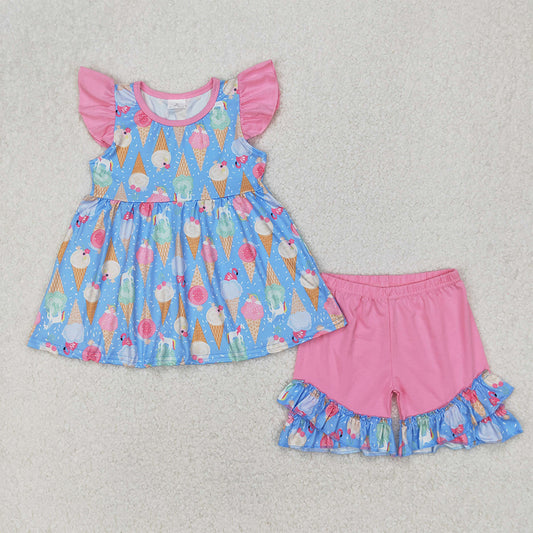 GSSO2402 Baby Girls Pink Flutter Sleeves Ice Cream Tunic Ruffle Short Set D 3.27
