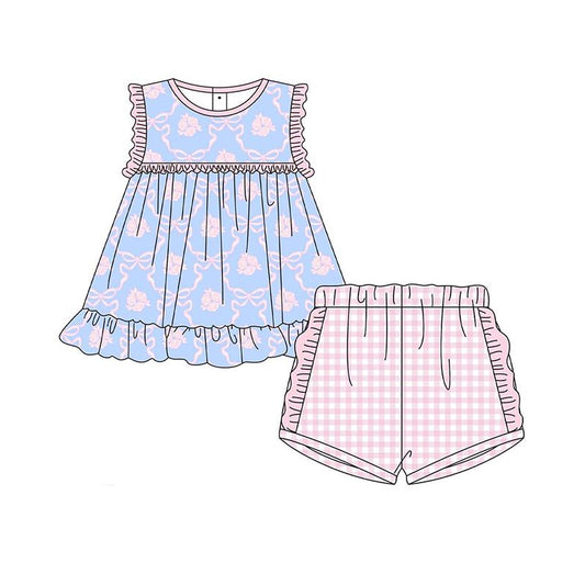 preorder GSSO2403  Baby Girls Lavender Sleeveless Bows Floral Tunic Plaid Ruffle Short Set D 3.11
