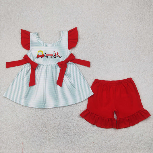GSSO2404  Baby Girls Red Flutter Sleeves Trucks Bows Tunic Red Ruffle Short Set D 4.7
