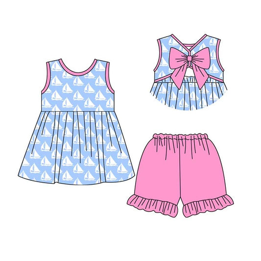 preorder GSSO2405 Baby Girls Blue Sleeveless Boats Backless Bow Tunic Pink Ruffle Short Set  D 3.11