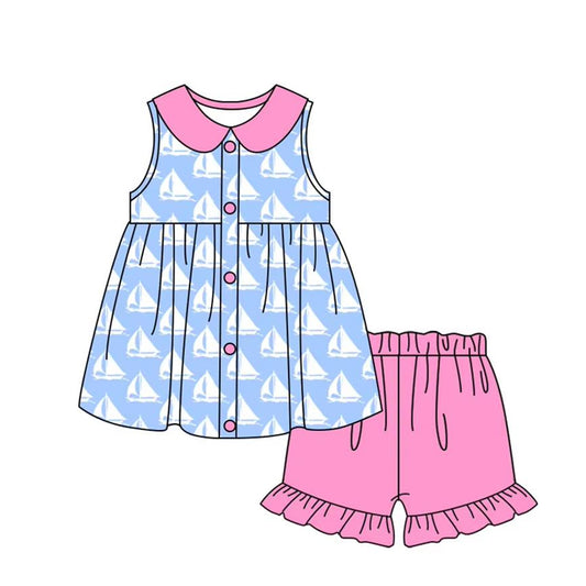 preorder GSSO2406  Baby Girls Blue Sleeveless Boats Button Tunic Pink Ruffle Short Set D 3.11