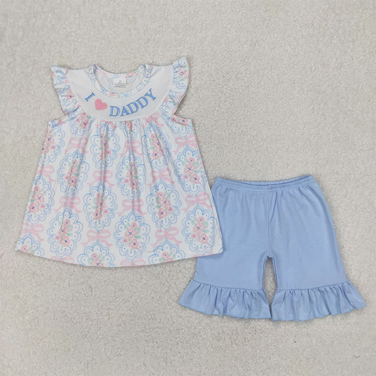 GSSO2407 Baby Girls Flutter Sleeves I LOVE DADDY Floral Bows Tunic Blue Ruffle Short Set  D 4.1