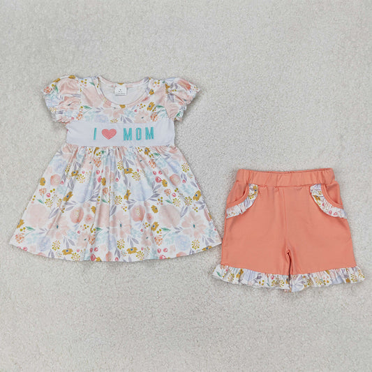 GSSO2408  Baby Girls Short Ruffle Sleeves I LOVE MOM Floral Tunic Orange Ruffle Pockets Short Set  D 3.31