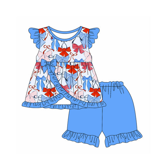 preorder GSSO2409 Baby Girls Flutter Sleeves Blue Red Bows Tunic Ruffle Short 4th Of July Set  D 3.11