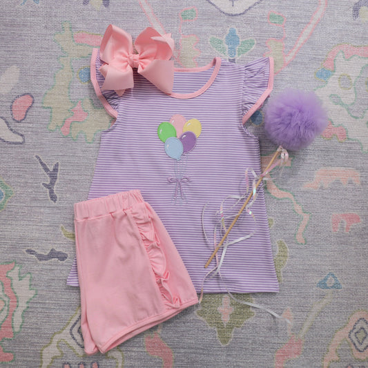 preorder GSSO2412 Baby Girls Lavender Flutter Sleeves Balloons Top Pink Ruffle Short Set  D 3.11