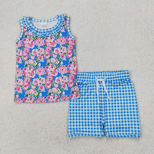 GSSO2414  Baby Girls Blue Plaid Sleeveless Floral Top Short Set  D 3.31