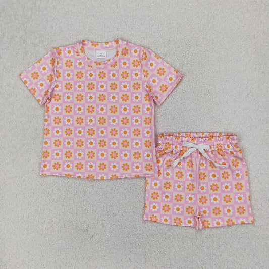 GSSO2425  Baby Girls Pink Plaid Short Sleeves Daisy Flowers Top Short Pajamas Set D 4.7