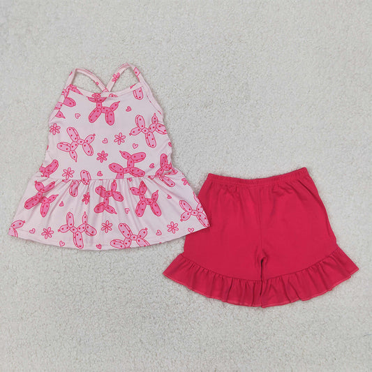 GSSO2439  Baby Girls Pink Strap Flowers Hearts Dogs Top Ruffle Short Set  D 4.1