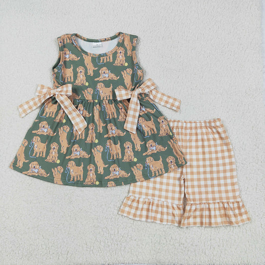 GSSO2449 Baby Girls Green Sleeveless Dogs Bows Tunic Khaki Plaid Ruffle Short Set  D 4.21