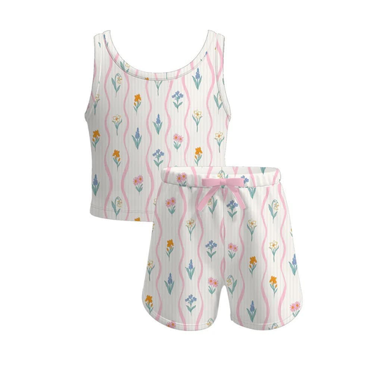 presale GSSO2474 Baby Girls Sleeveless Floral Stripe Short Yoga Top Set  D 3.18