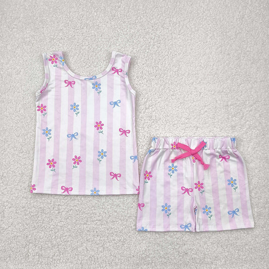 GSSO2476  Baby Girls Pink Stripe Sleeveless Bows Flowers Top Shorts Set  D 4.9