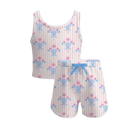 presale GSSO2477 Baby Girls Pink Stripe Sleeveless Flowers Top Short Yoga Set   D 3.18