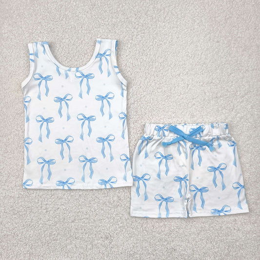 GSSO2478 Baby Girls Sleeveless Blue Bows Top Short Yoga Set  D 4.9