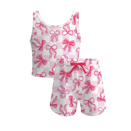 presale GSSO2480 Pink and White Plaid Sleeveless Shorts Set with Bow Pattern  D 3.18