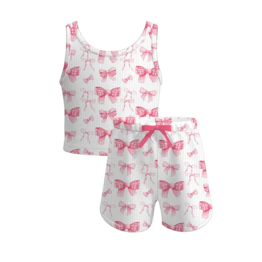 presale GSSO2481 White sleeveless shorts set with pink bow pattern  D 3.19