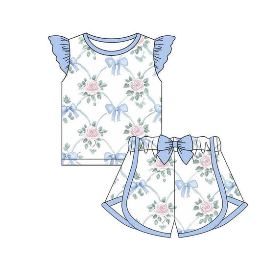 presale GSSO2483  Baby Girls Flutter Sleeves Bows Floral Top Short Set  D 3.19