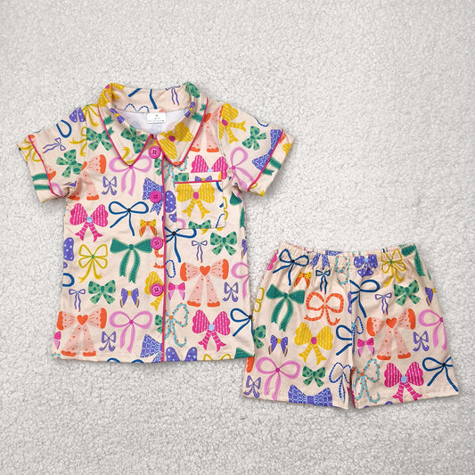 GSSO2487 Baby Girls Colorful Bows Button Pocket Top Short Pajamas Set D 4.11