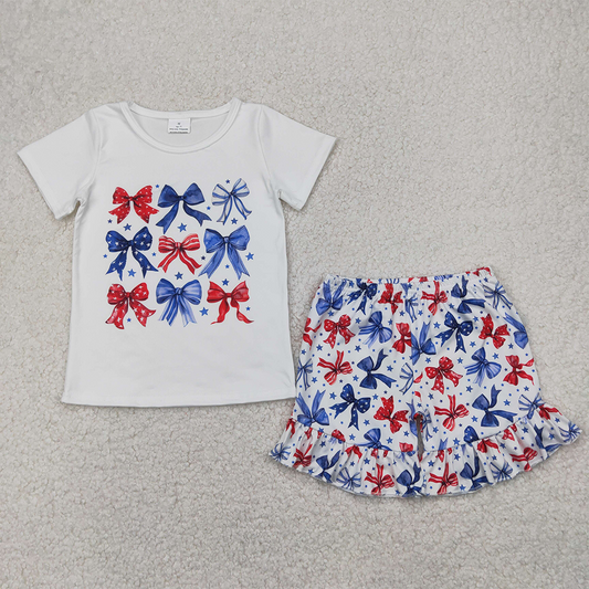 GSSO2512 Baby Girls Blue Red Bows Stars Top Ruffle Short 4th Of July Set  D 4.7