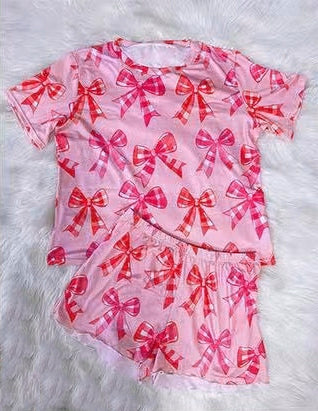 presale GSSO2528 Baby Girls Pink plaid bow pattern short-sleeved shorts set  D 3.29