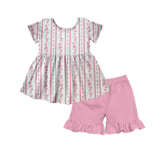 presale GSSO2530 White short-sleeved pink shorts suit with floral stripes  D 3.29