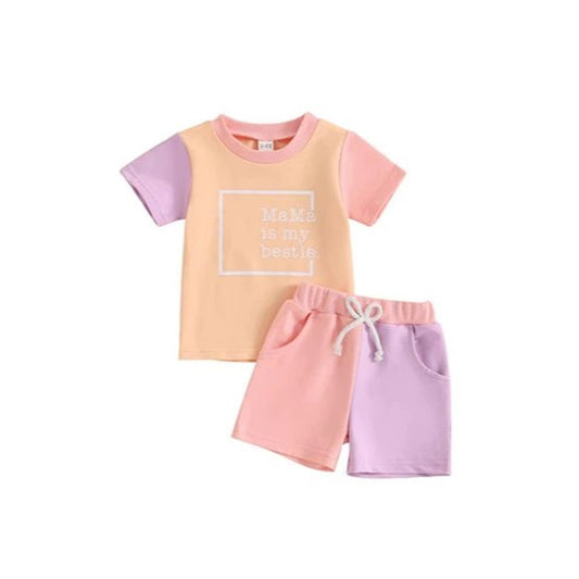 presale GSSO2531  mama is my bestie letter contrast pink and purple short-sleeved shorts suit D 3.29