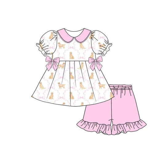 presale GSSO2532 Puppy Pink Bow Pattern Plaid Doll Collar Short Sleeve Shorts Set  D 3.29