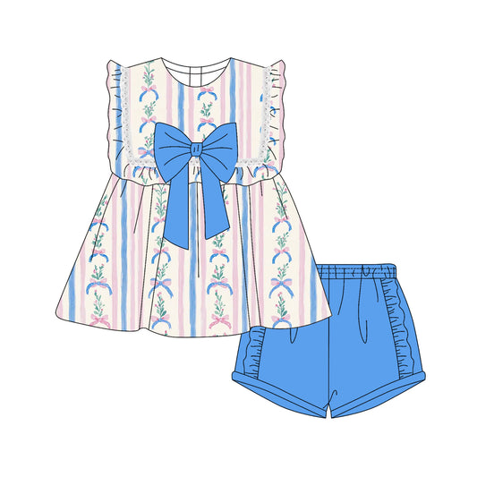 presale GSSO2533 Light blue bow pattern striped floral lace sleeve shorts set  D 3.29