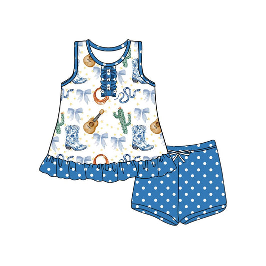 presale GSSO2535 Boots Guitar Cactus Blue Bow Pattern White Sleeveless Polka Dot Shorts Set  D 3.29