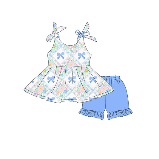 presale GSSO2536 Floral Blue Bow Pattern Plaid Overall Shorts Set  D 3.29