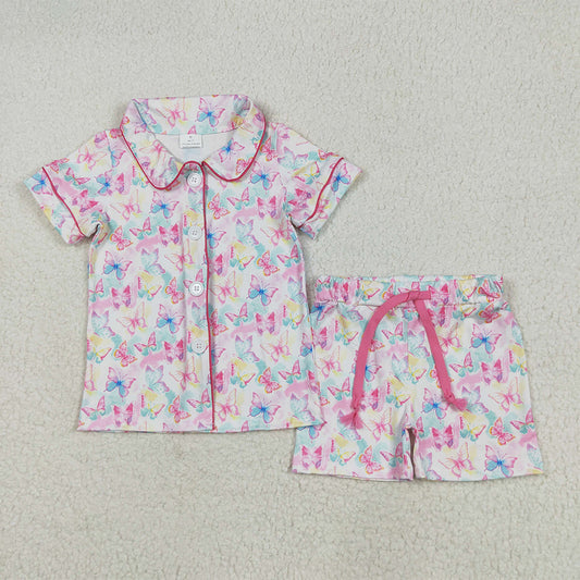 GSSO2601 Baby Girls Short Sleeves Colorful Butterfly Butter Top Short Pajamas Set  D 5.24