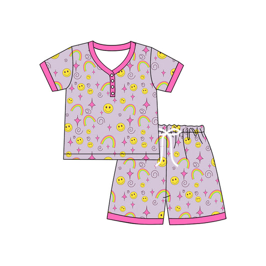 presale GSSO2611  Adult Women Short Sleeves Button Smiles Rainbows Top Short Pajamas Sets D 4.21