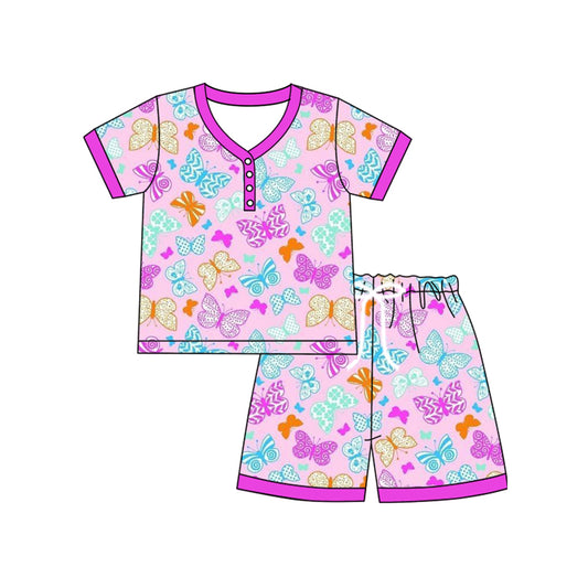 presale GSSO2616  Adult Women Hot Pink Short Sleeves Butterfly Button Top Short Pajamas Sets D 4.21