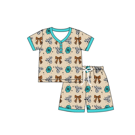 presale GSSO2618 Adult Women Short Sleeves Bows Cow Print Button Top Short Pajamas Sets  D 4.21