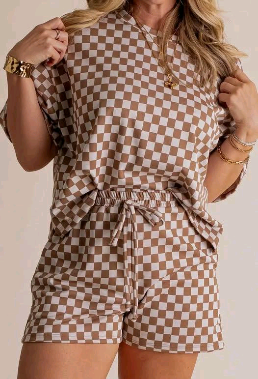 presale GSSO2680 Adult Women Short Sleeves Khaki Plaid Top Shorts Pajamas Set D 6.10