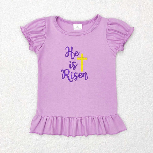 GT0393 Purple lantern sleeve short-sleeved top with embroidered cross