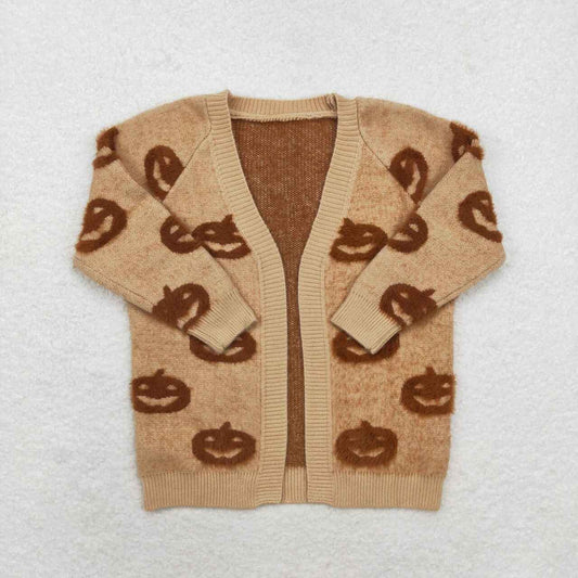 GT0651  Halloween Pumpkin Khaki Long Sleeve Cardigan Sweater