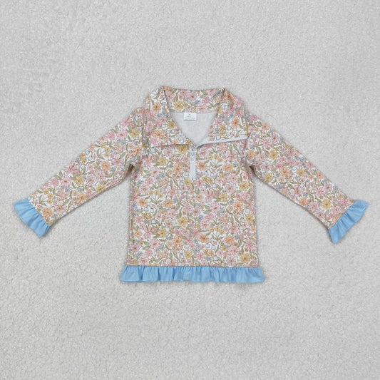 GT0722  Pink and yellow flowers and blue lace zipper long sleeve top