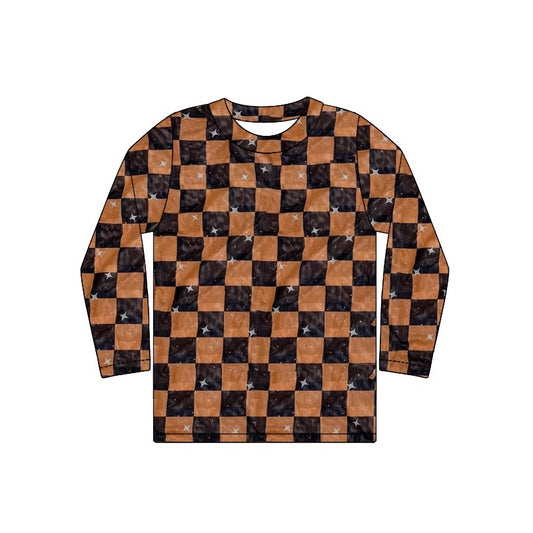 preorder GT0862 Star Brown and Black Plaid Long Sleeve Top  2024 10.17