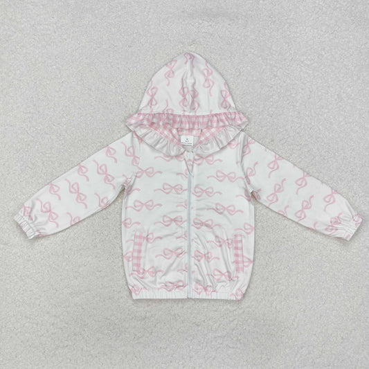 GT0873  Pink and White Plaid Zippered Hooded Long Sleeve Top with Bow Pattern