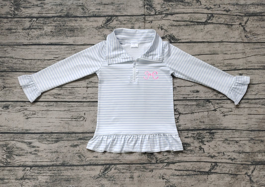 presale GT0886 Bow Pattern Blue Striped Lace Zipper Long Sleeve Top   2024 11.27