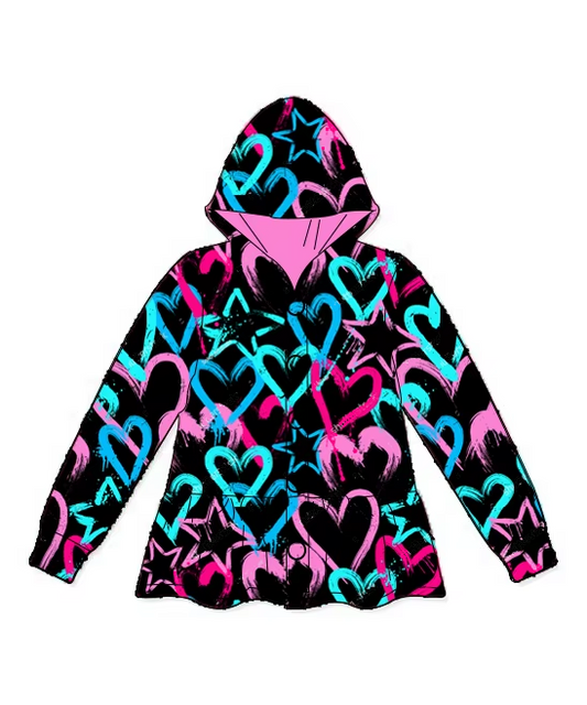 preorder GT0891  Black button-down hooded long-sleeved top with heart and stars  2024 11.7