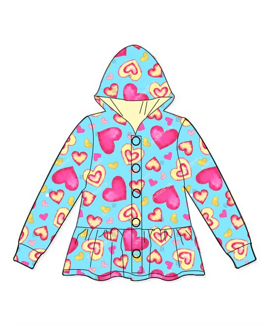 preorder  GT0894 Pink Heart Blue Button Hooded Long Sleeve Top 2024 11.7