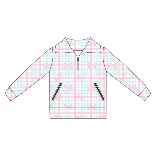 presale GT1067 Baby Girls Long Sleeves Pink Bows Plaid Pockets Zipper Yoga Jackets  D 5.30