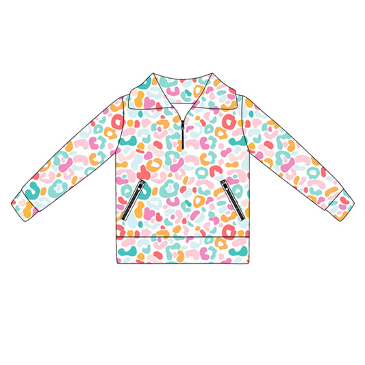 presale GT1068  Baby Girls Long Sleeves Pink Blue Leopard Pockets Zipper Yoga Jackets  D 5.30