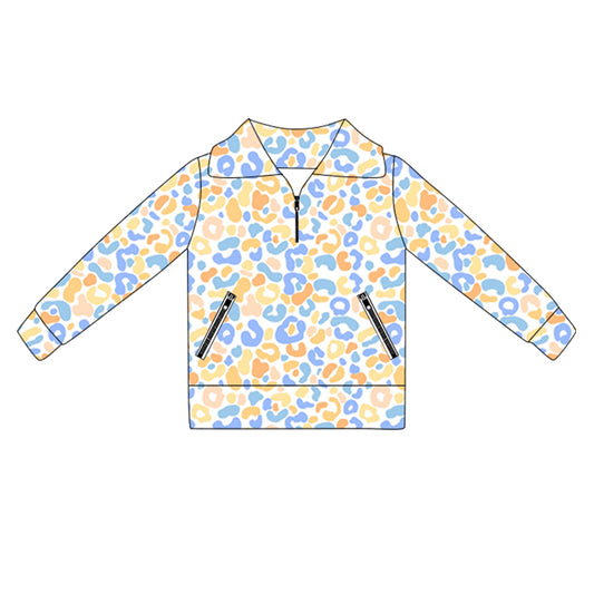 presale GT1069 Baby Girls Long Sleeves Blue Yellow Leopard Pockets Zipper Yoga Jackets  D 5.30