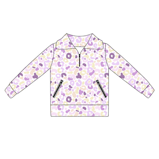 presale GT1073 Baby Girls Long Sleeves Yellow Lavender Leopard Pockets Zipper Yoga Jackets  D 5.30